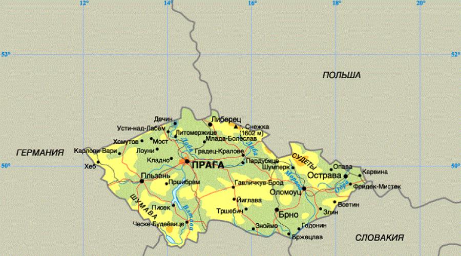 Detaljna karta bajke Češke s gradovima na ruskom jeziku. Karta Češke