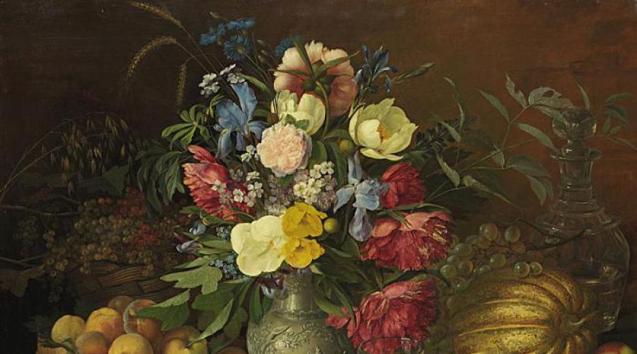 Descrivi l'immagine dei fiori e dei frutti di Khrutsky.  Descrizione del dipinto di Khrutsky