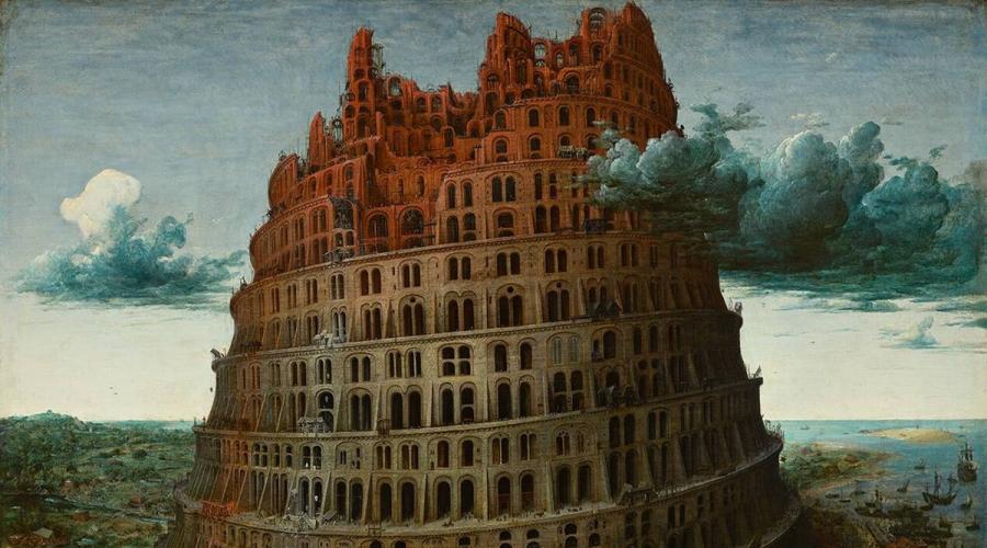 صورة لبناء برج بابل.  برج بابل