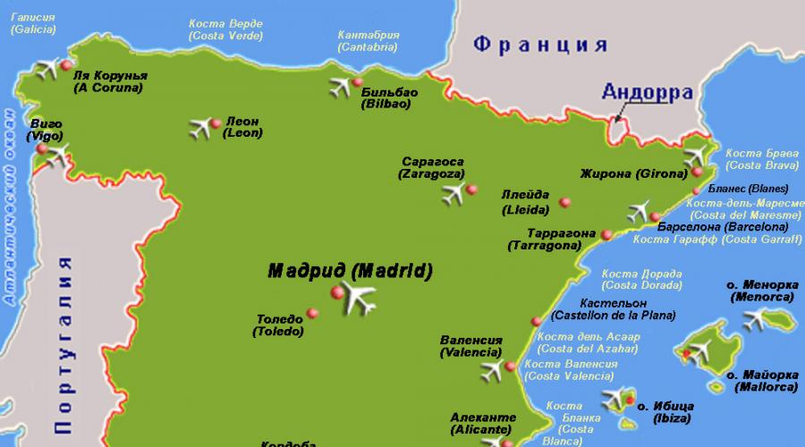 İspanyol Adaları Haritası. Şehirlerle İspanya Haritası
